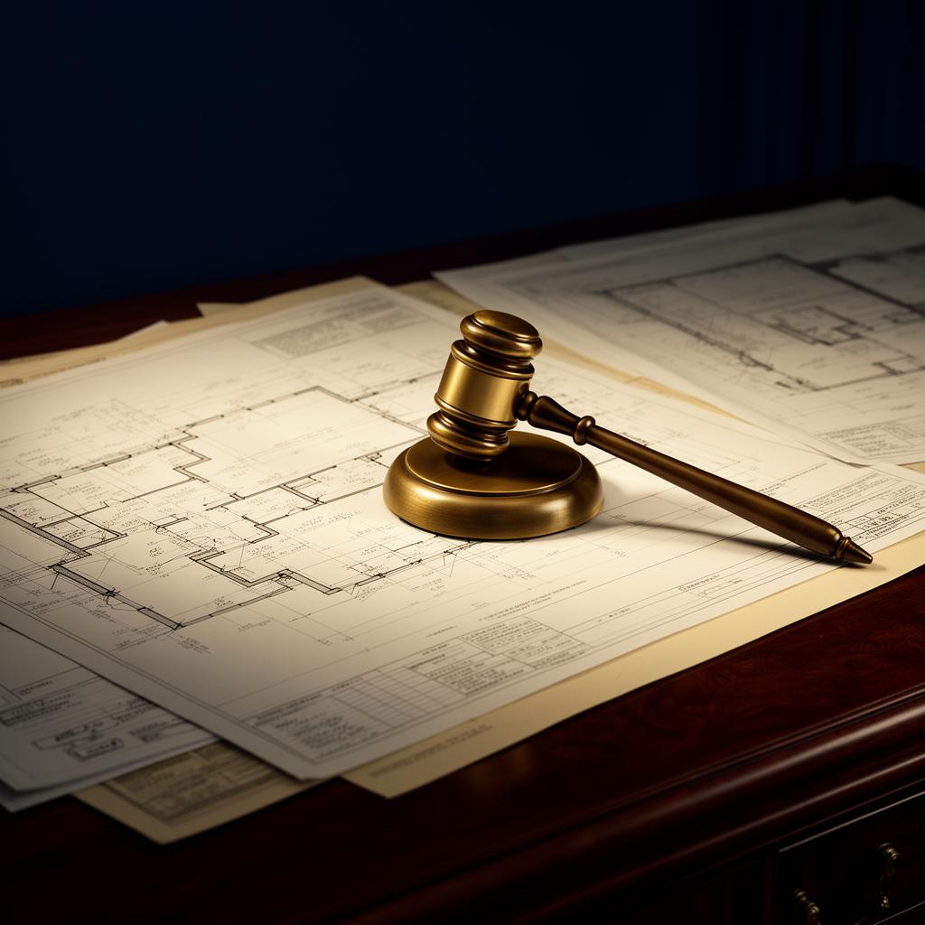 Architectural documents and courtroom gavel
