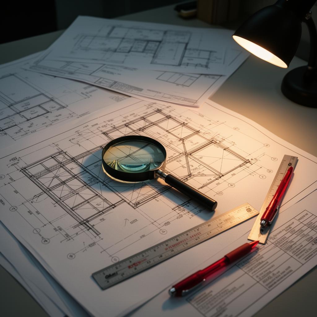 Technical document review with blueprints and forensic analysis markings